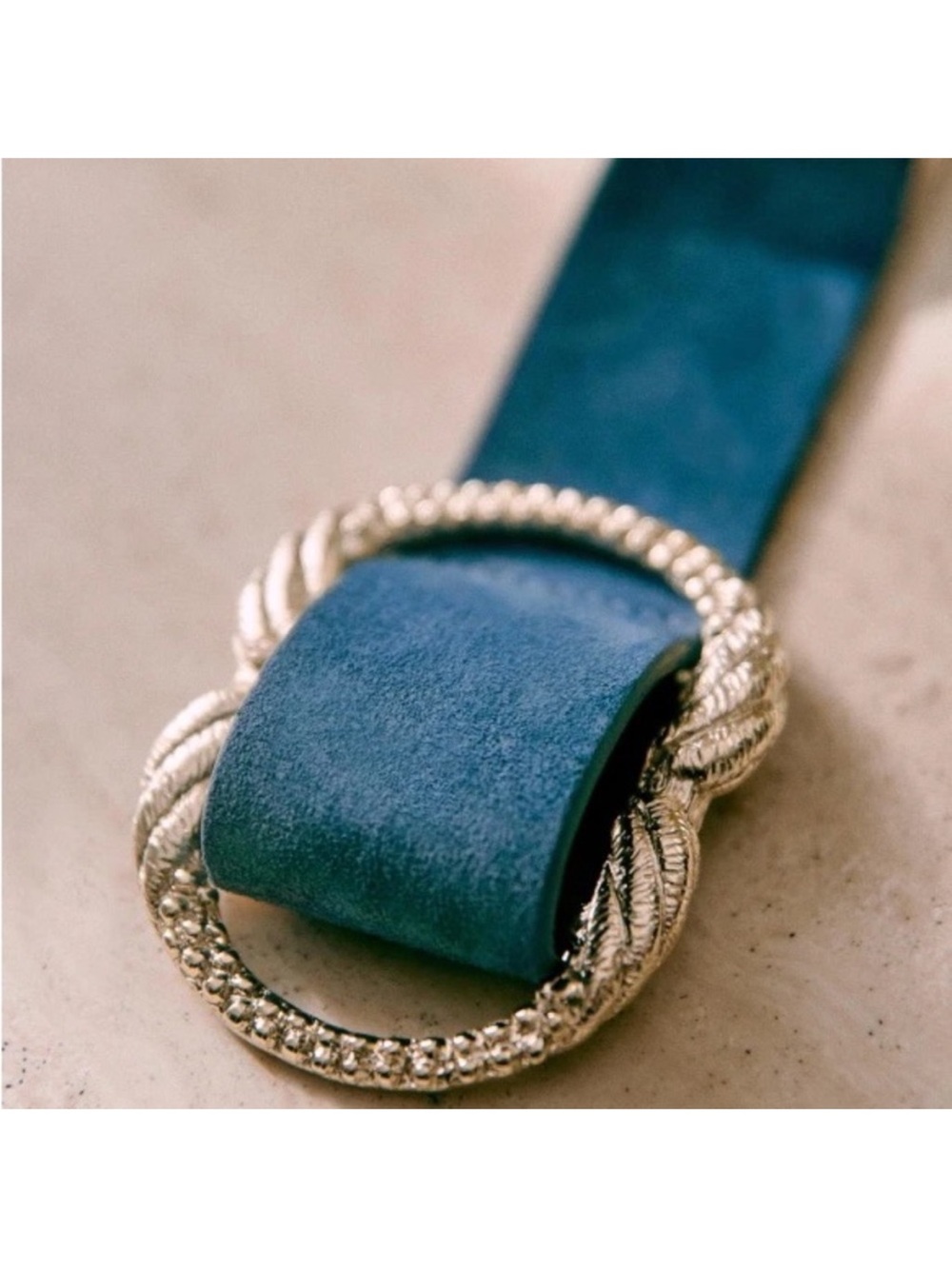 SEZANE Classic Blue Suede Leather Artemis Belt w/ Engraved Gold Brass Buckle - Picture 14 of 14